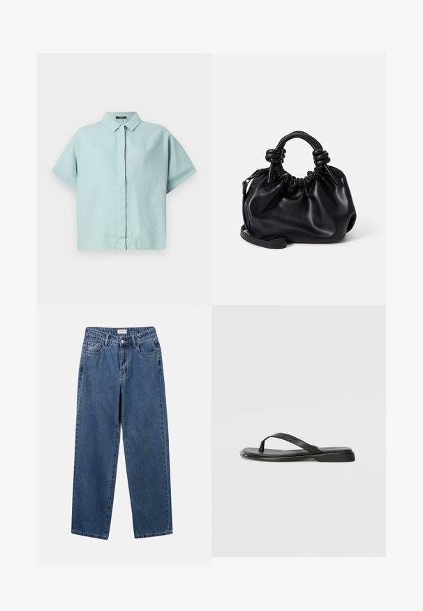 Jasnoniebieska koszula z krótkim rękawem i kołnierzykiem, wykonana z teksturowanej tkaniny; ma zapięcie na guziki z przodu oraz luźny krój. Prosty design bez wzorów.; Klasyczne niebieskie dżinsy o prostym kroju, pięć kieszeni i zapięcie na guzik. Charakteryzują się średnim odcieniem i solidną teksturą.; Czarne klapki wykonane z gładkiej skóry, z cienkim paskiem i płaską podeszwą o minimalistycznym profilu. Brak widocznych wzorów lub akcentów.; Czarna skórzana torebka o marszczonym wzorze, z krótkimi, zaokrąglonymi uchwytami i odpinanym paskiem na ramię. Gładka tekstura i miękka sylwetka.