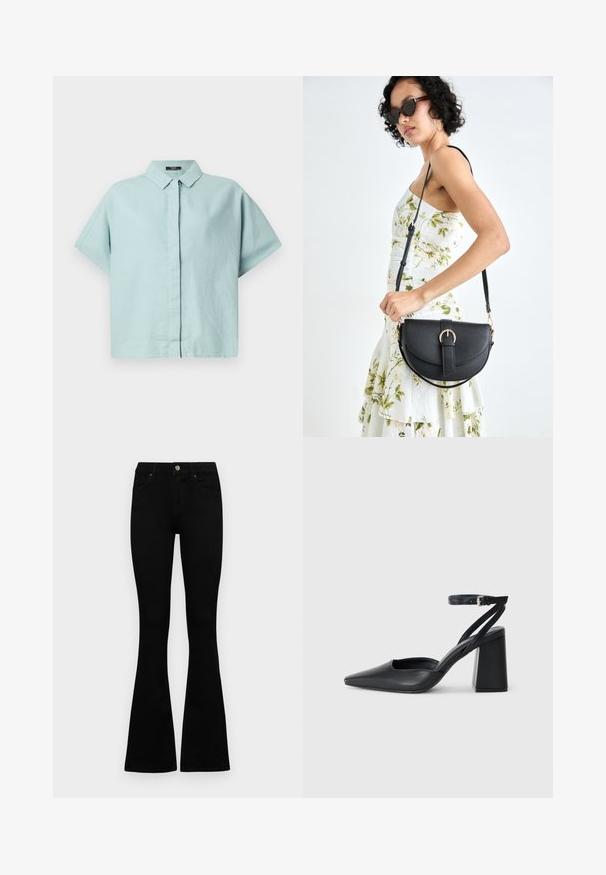 Light blue short-sleeve collared shirt made from textured fabric; features a button-down front and relaxed fit. Simple design with no patterns.; Black high-waist jeans with a button and zip closure, front pockets, and flared legs laid flat on a white background.; Black leather pointy-toe pump with an ankle strap and a chunky heel. Flat texture, sleek design, and minimalistic aesthetics.; Black leather handbag with a curved shape, detachable strap, and gold hardware. The bag features a flap with a buckle detail.