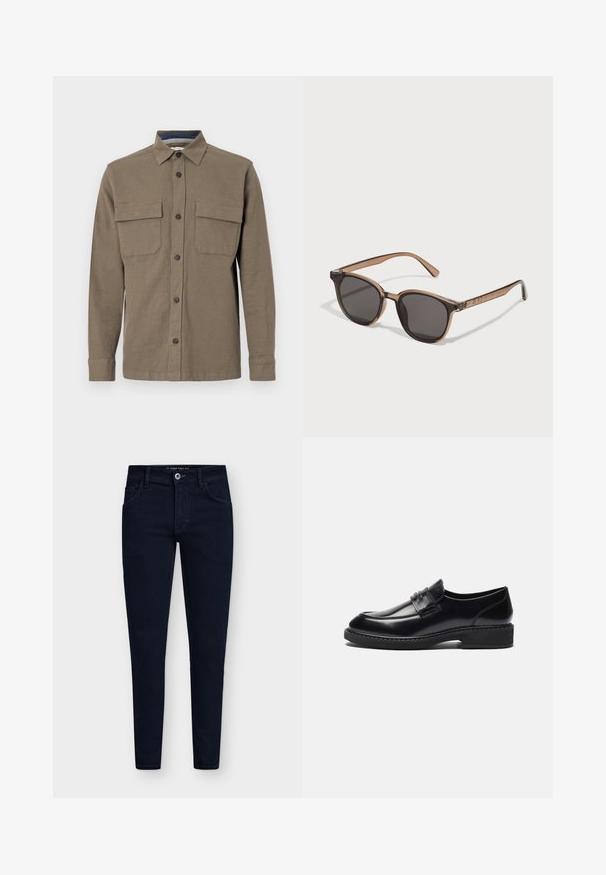 Olivno zelena srajca z gumbi in dolgimi rokavi, z dvema žepoma na prsih in ravnim ovratnikom. Narejena iz strukturirane tkanine z vidnimi šivi.; Komplet petih kratkih majic s kratkimi rokavi v beli, bež, svetlo sivi, temno sivi in črni barvi. Narejene so iz gladkega bombaža in imajo krojen ovratnik.; Temno modri, oprijeti kavbojke s petimi žepi, z gumbom za zapiranje in trdno denim tkanino. Imajo klasičen dizajn in minimalno šivanje.; Zign LEATHER - Elegantni čevlji brez vezalk - black; Rjave plastične sončna očala s temnimi lečami, okrogle oblike in zoženimi ročaji. Opozarjajoča okrasitev na templjih.
