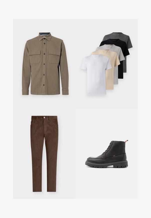 Olajzöld, gombos ing hosszú ujjakkal, két mellzsebbel és egyenes gallérral. Texturált anyagból készült, látható varrással.; Öt darab rövid ujjú póló szett fehér, bézs, világosszürke, sötétszürke és fekete színekben. Simaságot biztosító pamutból készült, kerek nyakkivágással.; Barna kordbársony nadrág egyenes szabással, gombzárral, elülső zsebekkel és függőleges bordázott textúrával az egész felületen.; Barna bőr bokacsizma kerek orral, tónusos varrással, strapabíró fekete gumitalppal és narancssárga húzószalaggal a sarkán.