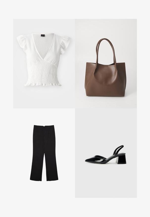 Bela kratka majica s kratkimi rokavi, ki ima V-izrez, smockano teksturo in nabrano spodnje rob. Narejena je iz lahkotnega materiala.; Črne hlače ravnega kroja z naglavnimi žepi in stranskimi razporki na robu. Narejene iz mehke, gladke tkanine. Primerne za različne priložnosti.; Črne lakirane slingback pete s koničastim nosom in geometrijsko blokasto peto. Imajo eleganten, minimalističen dizajn in gladko teksturo.; Rjava usnjena torba z dvema dolgima ročajema, strukturirane oblike, gladke teksture in minimalisticnega dizajna. Ni vidne strojne opreme ali dodatkov.