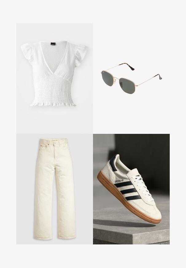 Valge lühikeste varrukatega topp, millel on V-kaelus, smockitud tekstuur ja volanglõige. Valmistatud kergest kangast.; Laiade säärega teksad tumedalt valgest denimist, millel on kõrge vöökoht, vasest neetide ja klassikalise viie tasku disainiga. Tekstureeritud kangas puhaste äärtega.; Valge suede toss, millel on tumesinised triibud, kummist alus, tekstureeritud pealis, ümar varvas ja paelad; külgedel ja keelel on brändingu elemendid.; Kuldne metallraamiga prillid tumeroheline lensega, piloot-stiil, millel on õhukesed käepidemed ja kilpkonna mustriga aktsendid otstes.