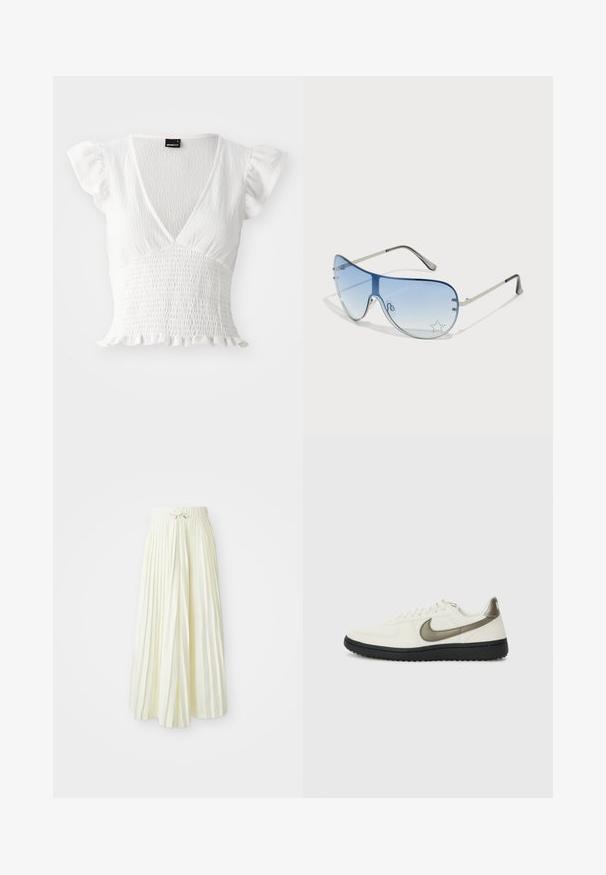 White short-sleeve top featuring a V-neck, smocked texture, and frilled hemline. Made of lightweight fabric.; Pleated midi skirt in light yellow fabric, featuring an elastic waistband with a tie, smooth texture, and vertical stripes for added detail.; Nike Sportswear FIELD GENERAL - Trainers - off-white/black; Aviator sunglasses featuring a gradient blue lens, silver metal frame, and decorative star accents on the lens. Smooth and sleek design.