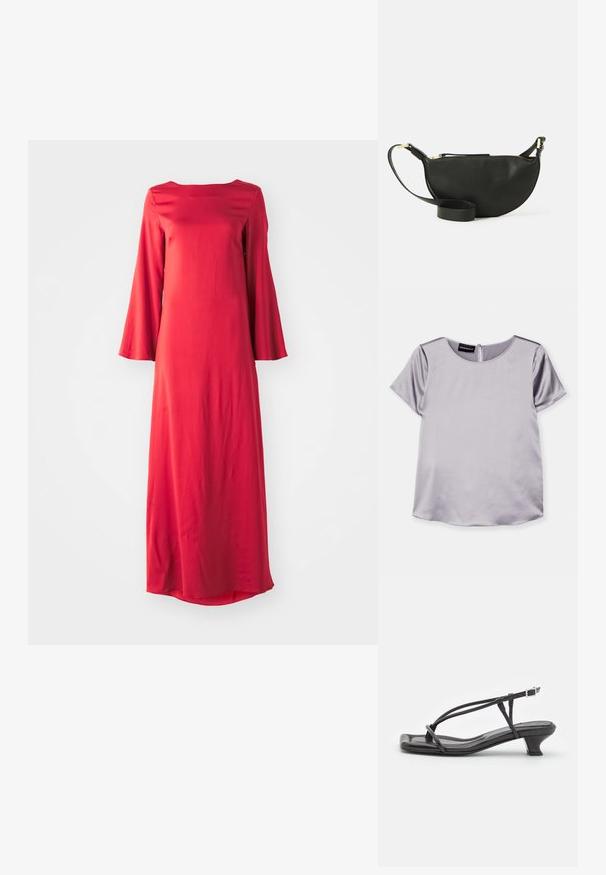 Trumpa rankovėmis lavandinė bliuskė, pagaminta iš satino, su apykakle ir užtrauktuku nugaroje. Pasižymi lygiu paviršiumi ir laisvu siluetu.; Ilga raudona suknelė iš lengvos medžiagos, pasižyminti bateau apykakle ir plačiomis varpų formos rankovėmis. Lygus tekstūras su tiesiu siluetu.; Juodas odinis šlepetės su plonomis dirželiu, mažu blokuoju kulnu ir kvadratiniu pirštu. Yra sagties uždarymas ir lygus paviršius.; Juodas odinis per petį nešiojamas krepšys pusmėnuliu, su tekstūruota paviršiumi, auksiniu užtrauktuku ir plokščiu dirželiu. Kompaktiškas dizainas, tinkantis būtiniausiems daiktams.