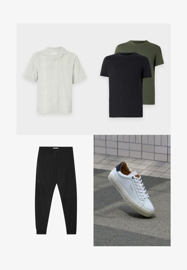 Light green short-sleeve shirt made of textured fabric, featuring vertical stripes, a camp collar, and a button-down front.; Two crew-neck t-shirts in black and olive green, made of soft cotton fabric. The design is simple with short sleeves and a straight cut.; Black athletic pants made of textured fabric, featuring an adjustable waistband, zippered side pocket, and tapered cuffs.; White leather sneaker with a navy heel, round toe, and contrasting brown accents. Features flat laces and textured rubber sole.