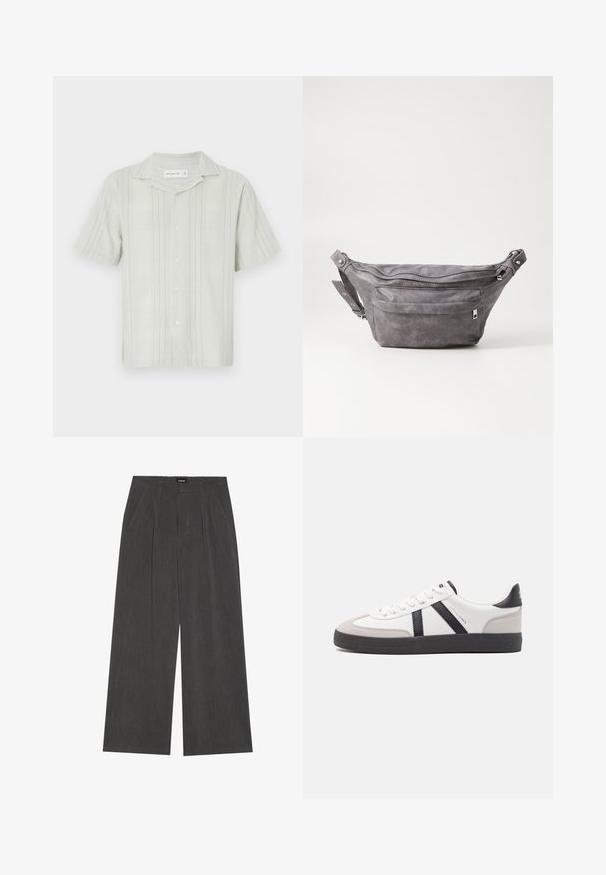 Chemise vert clair à manches courtes en tissu texturé, avec des rayures verticales, un col camp et un boutonnière à l'avant.; Pantalons à jambe large en tissu gris foncé, dotés d'un devant plissé, de deux poches latérales et d'une taille plate. Texture lisse et design ajusté.; Baskets blanches avec des accents noirs et gris, présentant un embout texturé gris, une semelle en caoutchouc noir et des lacets plats blancs. Design épuré, style minimaliste.; Sac banane en suède gris avec une forme arrondie, deux compartiments zippés et une sangle réglable. Comprend des accents en métal.
