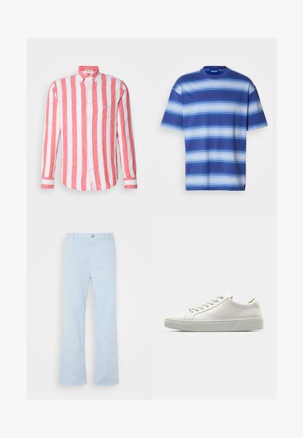 Κόκκινο και λευκό ριγέ πουκάμισο με μακριά μανίκια και κουμπιά, φτιαγμένο από λινό, με τσέπη στο στήθος και γιακά που κλείνει με κουμπί. Υφασμάτινη υφή.; Κοντομάνικο μπλουζάκι από βαμβάκι με οριζόντιες ρίγες σε διάφορες αποχρώσεις του μπλε. Στρογγυλή λαιμόκοψη, χαλαρή εφαρμογή και ετικέτα που εμφανίζει τη μάρκα.; Ανοιχτό μπλε βαμβακερό παντελόνι με ίσια γραμμή, μπροστινό κλείσιμο με κουμπί και πλαϊνές τσέπες. Απαλή υφή και ελάχιστες ραφές.; Λευκό δερμάτινο αθλητικό παπούτσι με στρογγυλή μύτη, μινιμαλιστικό σχέδιο, γκρι κορδόνια και υφασμένο γκρι καουτσούκ σόλα. Υποβλητές λεπτομέρειες ραφής διακριτικά ορατές.