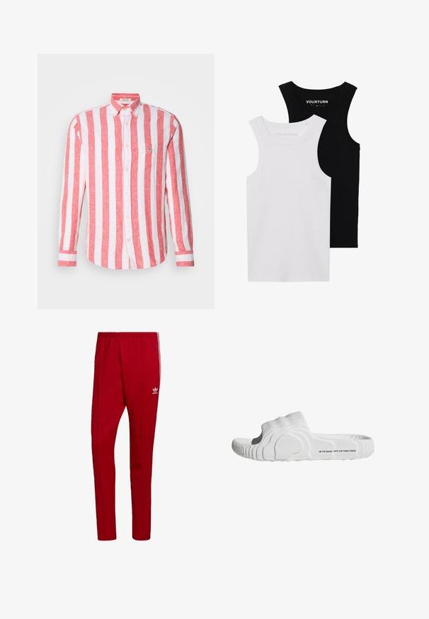 Červenobiely pruhovaný dlhý rukáv košele na gombíky, vyrobená z ľanu, s náprsníkovou kapsou a golierom na gombíky. Štruktúrovaná tkanina.; Dve priliehavé tielka v čiernej a bielej farbe. Vyrobené z rebrovanej bavlny, majú široké ramienka a okrúhle výstrihy. Značka na golieri.; Červené športové nohavice s elastickým pásom, bočnými zipsovými vreckami a tromi bielymi pruhmi po stranách. Obsahuje malé logo na stehne.; Biele šľapky so štruktúrovaným vrchom z látky, tvarovanou stielkou a textúrovanou gumovou podrážkou s logom značky na boku.