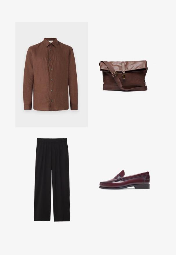 Braunes Leinenhemd mit langen Ärmeln, Knopfleiste, umgeschlagenem Kragen und schwarzen Knöpfen. Glatte Textur mit leicht zerknittertem Aussehen.; Schwarze, weite Hose mit gefälteltem Vorderteil, seitlichen Taschen und einer glatten Stoffstruktur. Entworfen für eine entspannte Passform.; Burgunderfarbene Lederloafer mit abgerundeter Zehenform, gestickten Details und einem kleinen dekorativen Akzent auf dem Blatt. Flache, kontrastierende Sohle.; Braune Leder-Umhängetasche mit einem umklappbaren Deckel, verstellbarem Tragegurt, Metallbeschlägen und glatter Oberfläche. Enthält einen Frontverschluss mit Schlaufe.