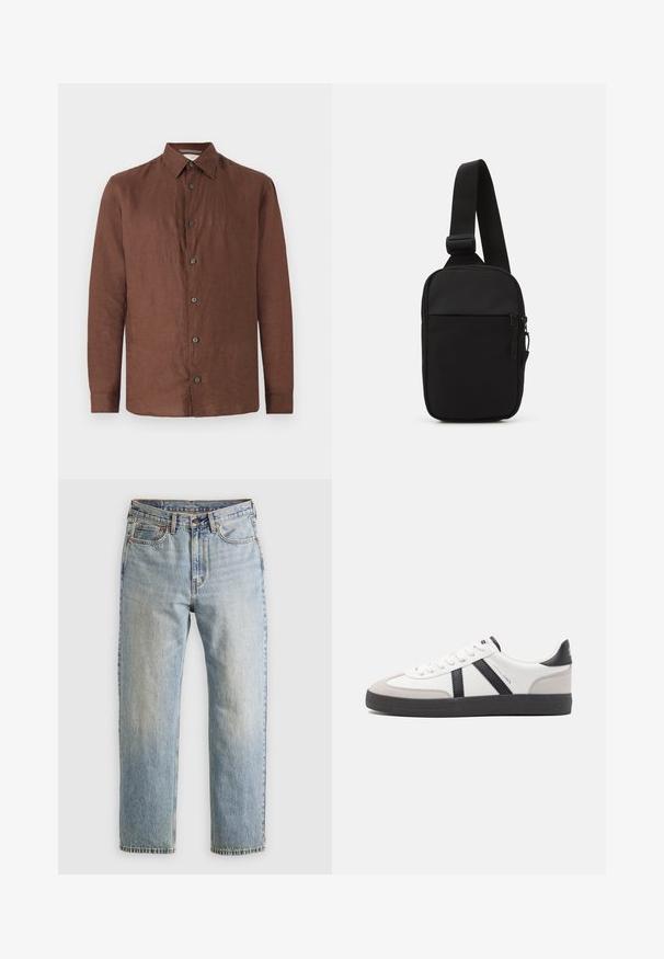 Brown linen long-sleeve shirt with a button-up front, spread collar, and black buttons. Smooth texture with a slightly wrinkled appearance.; Light blue denim jeans with high waist, front button, zipper, and five-pocket design, laid flat on a neutral background.; White sneaker with black and gray accents, featuring a textured gray toe cap, black rubber sole, and flat white laces. Clean design, minimalist style.; Black crossbody bag made of durable fabric, featuring a single adjustable strap, a zippered main compartment, and a front pocket.
