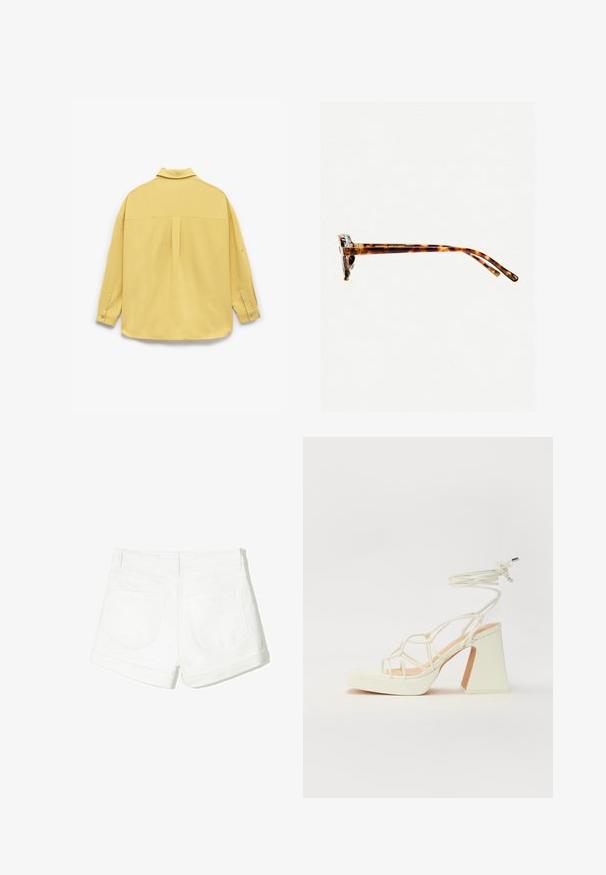 Gul langærmet skjorte lavet af blødt stof, med kravehals, knaplukning ved håndleddene og en plissering på ryggen.; Hvide denim shorts med rullekant, to baglommer og en glat overflade. Simpelt design uden synligt hardware eller mønstre.; Hvide højhælede sandaler med en kraftig hæl, der har et stropdesign og ankelbinding. Glat tekstur med en platform foran for ekstra højde.; Skildpaddemønstret solbriller med en tyk ramme, let buede stænger og glat overflade. Har et klassisk design med en blank finish.; Brun læder crossbody taske med en buet form, guldfarvet hardware og en spændeaccent. Har en aftagelig skulderrem.
