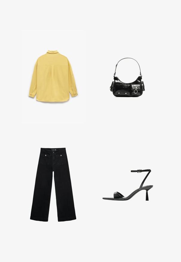 Yellow long-sleeve shirt made of soft fabric, featuring a collared neckline, buttoned cuffs, and a pleat detail at the back.; Black wide-leg jeans with a high waist, featuring two front pockets and metal button accents. The fabric has a smooth texture.; Bershka High heeled sandals - black; Black patent leather handbag with a curved shape, one shoulder strap, front pockets, and silver-tone hardware accents.