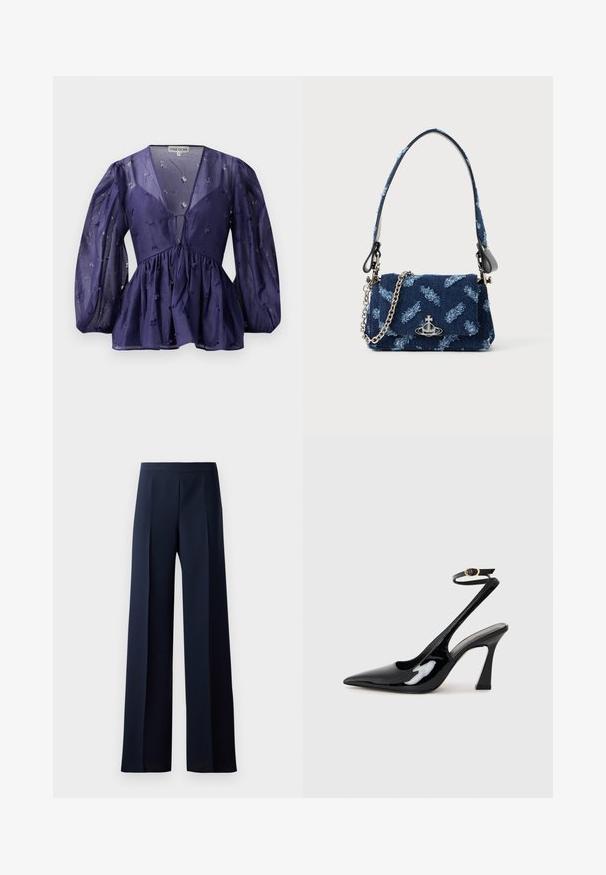 Tumši zilā blūze ar caurspīdīgu materiālu, V-veida kakla izgriezumu un pūkainām piedurknēm. Iekļautas saplacinātas jostas malas ar ziedu izšuvumiem visā blūzē.; Platas kājas bikses tumši zilas auduma, ar gludu tekstūru, smalkiem priekšējiem krokām un saspringtu jostasvietu, kas nodrošina izsmalcinātu siluetu.; Melnas patentā ādas augstpapēžu kurpes ar norādītu purngalu, regulējamu potītes siksniņu un mērenu bloku papēdi. Gluda tekstūra ar spīdīgu apdari.; Tumši zils auduma rokassomiņa ar struktūrētu dizainu, sudraba detaļām un noņemamu ķēdes siksnu. Ietver salocītu aizdari un logotipa akcentu.