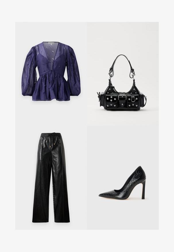 Námořnická modrá blůza s průhlednou tkaninou, výstřihem do V a nabíranými rukávy. Obsahuje nařasený pas s květinovými vyšívanými akcenty po celém povrchu.; Černé kožené kalhoty širokého střihu s elastickým pasem, stahovací šňůrkou a zlatými kovovými detaily. Hladká textura a volný střih.; Černý lodičkový bot s špičatou špičkou, pokrytý texturou krokodýlí kůže, s elegantním designem, vysokým stiletto podpatkem a hladkým černým interiérem.; Černá kožená kabelka s křivkovým designem, zdobená stříbrnými hřebíky, s přezkou a dvěma bočními kapsami. Nastavitelný popruh pro různé možnosti nošení.