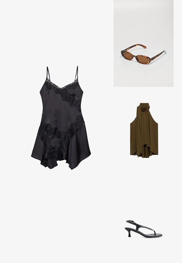 Blusa senza maniche verde oliva con scollo drappeggiato e pieghe. Tessuto morbido, forma fluida, presenta bottoni sul retro.; Abito slip in satin nero con bordo in pizzo, dotato di spalline regolabili e orlo svasato, texture morbida e dettagli decorativi a ruches.; Sandal in pelle nera con design sottile, cinghie sottili e un tacco piccolo. Presenta un accento con fibbia e una soletta liscia e texturizzata.; Occhiali da sole tartaruga con montatura ovale, lenti marroni e astine nere sottili con accenti di pattern discreti.; Borsa a tracolla nera con manici corti, dotata di una chiusura e dettagli in oro. Il design è strutturato, con una silhouette geometrica.