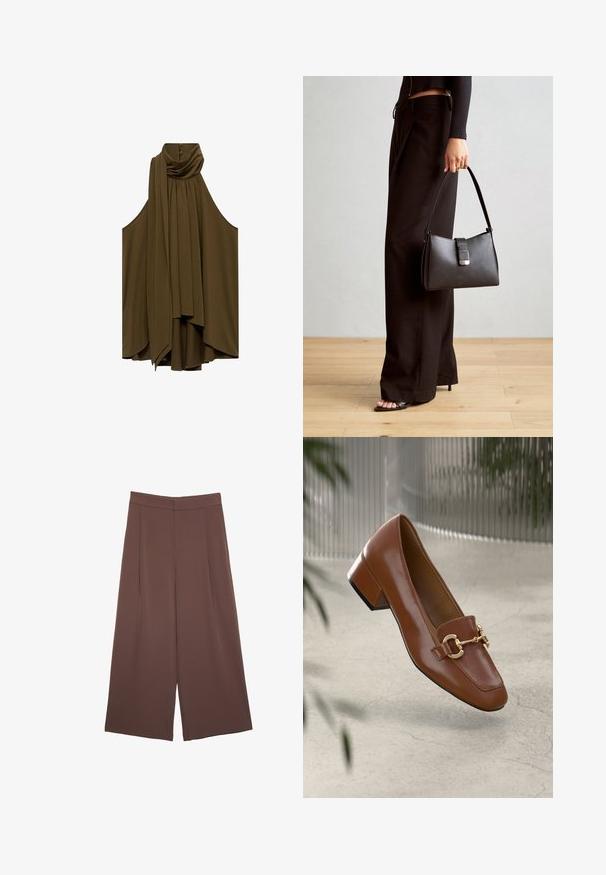 Oliven grøn ærmeløs bluse med draperet halsudskæring og plisseringer. Blød stof, svajet form, har knapper bagpå.; Brune bredbunde bukser med en glat tekstur, der har høj talje og plisseringer foran. Stoffet er let og falder løst.; Brun patentlæder loafers med firkantet tå, metallisk kædeaccent og lav blokhæl; glat tekstur, minimalistisk design.; Sort håndtaske med struktureret form, glat overflade og metalspænde. Sammen med brede sorte bukser og sandaler med åben tå på trægulv.