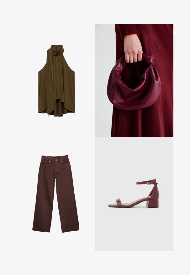 Olivgrön ärmlös blus med draperad halsringning och plisseringar. Mjukt tyg, flödande form, har knappar på baksidan.; Bruna högmidjade vida jeans med framskjutande knapp, dragkedja, bälteshällor och femfickorsdesign.; Burgundy lädersandal i fyrkantig tå, med smal ankelrem, guldfärgad detalj och en kraftig klack. Slät textur och minimalistisk design.; Burgundy läderhandväska med en mjuk, samlad design och rundad form. Handtaget är säkrat och visar en slät yta.