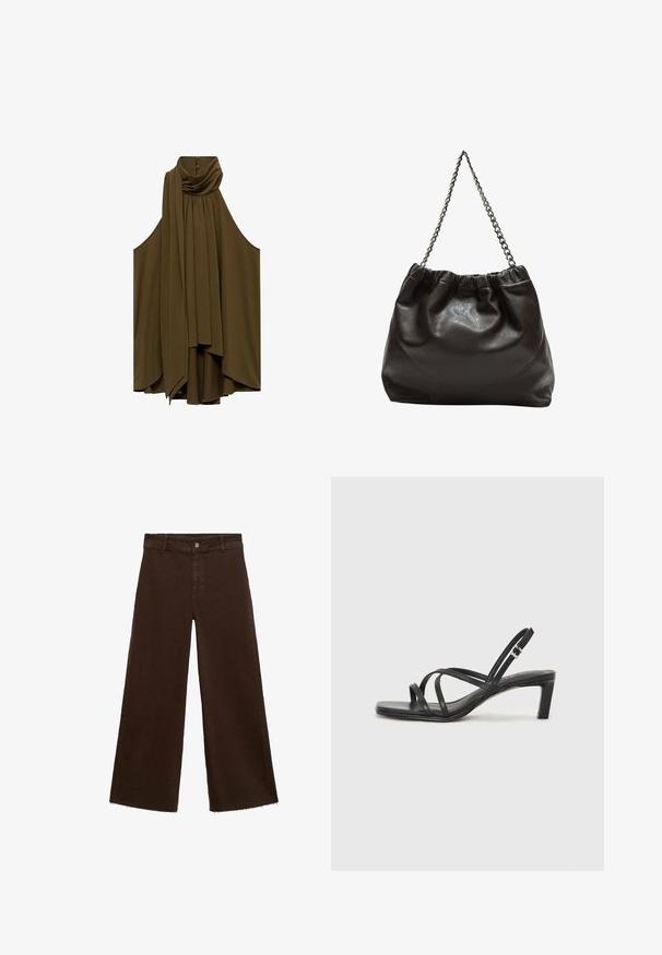 Oliwkowa bezrękawnikowa bluzka z drapowanym dekoltem i zakładkami. Miękki materiał, zwiewny kształt, z guzikami z tyłu.; Brązowe spodnie o szerokich nogawkach z mieszanki bawełny, z postrzępionym dołem, przednim zapięciem na guzik i klasycznym pięciopocketowym wzorem. Minimalistyczne i uniwersalne.; Czarne sandały na obcasie z prostokątnym noskiem i niskim słupkowym obcasem. Posiadają wiele cienkich pasków i regulowany pasek na kostkę. Wykonane z gładkiej skóry.; Brązowa skórzana torba z marszczonym szczytem i łańcuszkowym paskiem. Gładka tekstura z błyszczącym wykończeniem i subtelnymi detalami szwów po bokach.