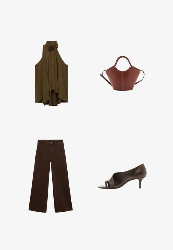 Oliwkowa bezrękawnikowa bluzka z drapowanym dekoltem i zakładkami. Miękki materiał, zwiewny kształt, z guzikami z tyłu.; Brązowe spodnie o szerokich nogawkach z mieszanki bawełny, z postrzępionym dołem, przednim zapięciem na guzik i klasycznym pięciopocketowym wzorem. Minimalistyczne i uniwersalne.; Brązowy skórzany but na wysokim obcasie z otwartym palcem, o gładkiej teksturze i smukłym obcasie szpilce. Posiada wycięty design i minimalistyczny kształt.; Brązowa skórzana torba o stożkowatym kształcie, mocne uchwyty i kontrastowe białe przeszycia. W zestawie odpinany pasek na ramię, co daje możliwość różnorodnego noszenia.