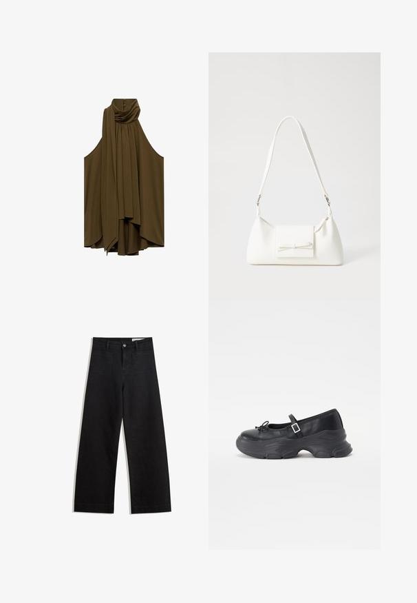 Blusa senza maniche verde oliva con scollo drappeggiato e pieghe. Tessuto morbido, forma fluida, presenta bottoni sul retro.; Pantaloni in denim neri a gamba larga con vita alta, dotati di tasche anteriori e posteriori, cuciture a punto, e chiusura con bottone. Texture liscia.; Scarpa Mary Jane in pelle nera con punta arrotondata, dettaglio a fiocco e cinturino alla caviglia regolabile. Presenta una suola in gomma spessa con accenti curvi.; Borsa sintetica bianca a forma triangolare, con patta anteriore piatta e dettaglio a fiocco, tracolla regolabile, texture liscia e design minimalista.