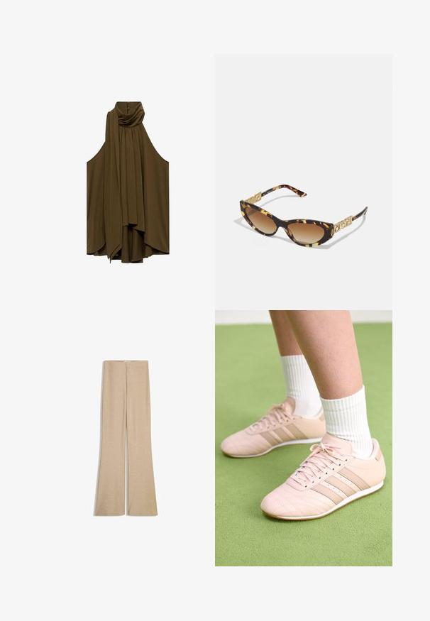 Olive zelená bezrukávová blúzka s drapovaným výstrihom a záhybmi. Mäkko tkaná látka, voľný strih, s gombíkmi na zadnej strane.; Bežové rozšírené nohavice v lesklom, štruktúrovanom materiáli s hladkým pásom a skrytým zipsom na zadnej strane. Hladký predný diel bez vreciek.; Svetloružové športové topánky s diagonálnym šitím, bielymi podrážkami a tromi bočnými pruhmi. Nosené s rebrovanými bielymi ponožkami na zelenej ploche.; Okuliare v mačacom štýle z korytnačiny, s hnedými zmyslovými sklami a zlatým hardvérom na spánkoch.