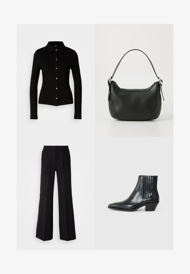 Zwarte geribbelde shirt met lange mouwen en een kraag, voorzien van gouden knopen aan de voorkant en een getailleerde pasvorm.; Zwarte broeken van soepele stof, met een hoge taille, wijde pijpen en twee plooien aan de voorkant voor extra ontwerpelementen.; Zwarte leren enkellaars met spitse neus, elastische zijpanelen met verticale groeven en een lage blokhak. Glad oppervlak en slank ontwerp.; Zwarte leren handtas met een gebogen vorm, zilveren rits en een korte handgreep. Bevat een subtiel logo aan de voorkant en een gladde textuur.