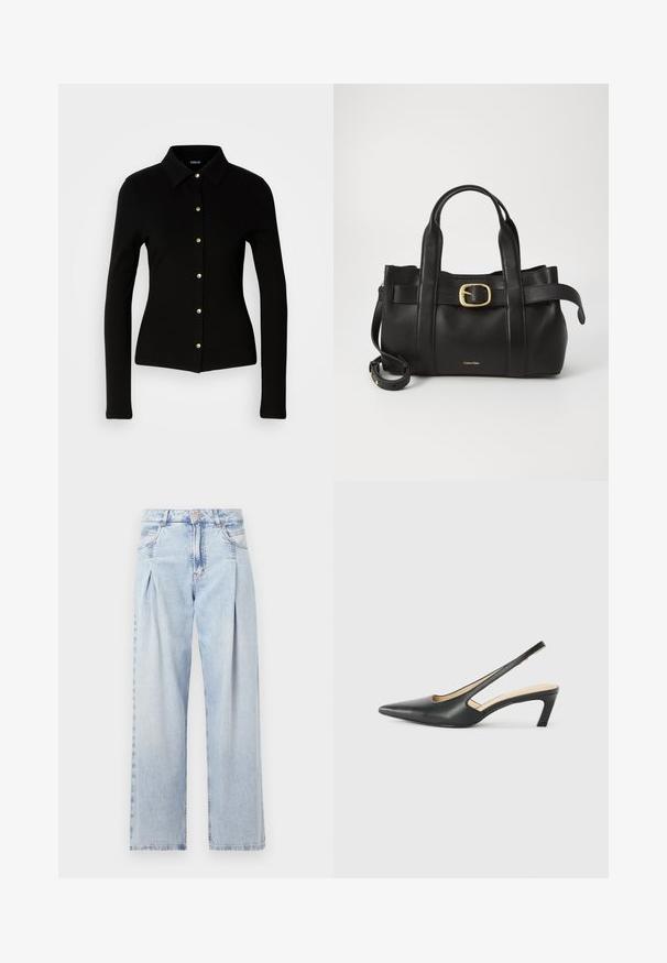 Black ribbed long-sleeve shirt with a collared neckline, featuring gold buttons down the front and a fitted silhouette.; Light blue denim jeans with a high waist, wide-leg cut, two side pockets, and pleated design feature. Soft texture with a faded finish.; Black pointy-toed slingback shoe with a low heel, featuring smooth leather material and cut-out design on the side for breathability.; Black leather handbag featuring a structured design, dual top handles, gold-tone buckle accent, and embossed brand logo at the front.; Silver hoop earrings with a smooth, curved design. Features a shiny metallic finish and stud closure. No visible patterns or accents.