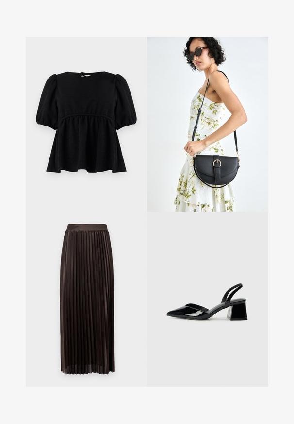 Melnas īsām piedurknēm blūze ar strukturētu apdari, apaļu kakla izgriezumu, elastīgu jostasvietu un aizmugurē savilcamām detaļām. Paplašināta silueta.; Rokas garuma plisētā svārku brūnā audumā, ar gludu jostu, grīdas garuma dizainu un vertikālām plisēm, kas piešķir papildu tekstūru.; Melna lakota āda ar atvērto papēdi, ar smailu purngalu un ģeometrisku blokpapēdi. Iezīmējas elegants, minimāls dizains un gluda tekstūra.; Melnas ādas rokassoma ar izliekta formu, noņemamu siksnu un zelta aksesuāriem. Somai ir vāciņš ar sprādzes detaļu.