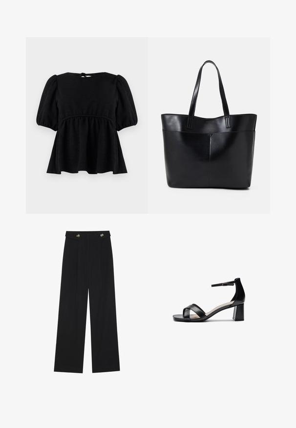 Blusa nera a maniche corte con finitura testurizzata, scollatura rotonda, vita elastica e dettaglio a fiocco sul retro. Silhouette svasata.; Pantaloni neri a gamba larga con vita alta, dettagli con bottoni in vita e pieghe frontali.; Sandalo con tacco aperto nero, con cinturini incrociati, fibbia regolabile alla caviglia e tacco spesso, con una texture in pelle liscia.; Borsa a tracolla in pelle nera con due manici lunghi, una texture liscia e una forma strutturata. Presenta una tasca frontale per ulteriore spazio di archiviazione.