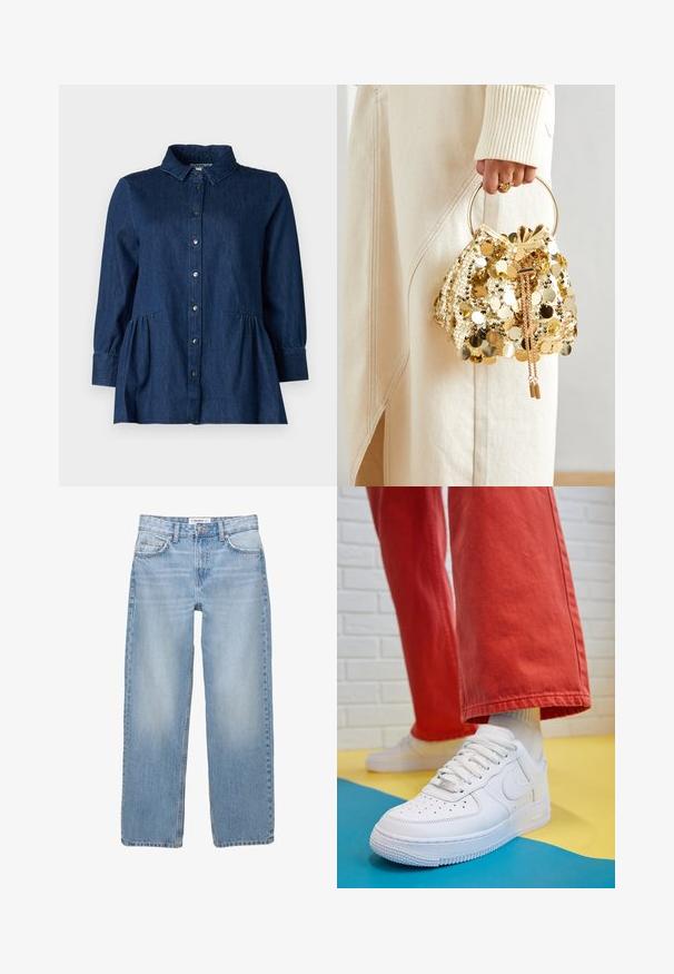 Sötétkék farmering, galléros nyakkal, gombos záródással és ráncolt derékkal. Hosszú ujjakkal és két oldalsó zsebbel rendelkezik.; Világoskék farmerek, egyenes lábformával, öt zsebbel és látható varrási részletekkel. Az anyag puha, enyhén kopott textúrájú.; Fehér bőr edzőcipő perforált orral, texturált talppal és fehér fűzővel, széles vörös nadrággal párosítva, kék és sárga háttérrel.; Arany flitteres húzózsinóros kézitáska kör alakú fogantyúval, csillogó kerek flitterekkel és texturált anyaggal. A méretek nincsenek megadva.