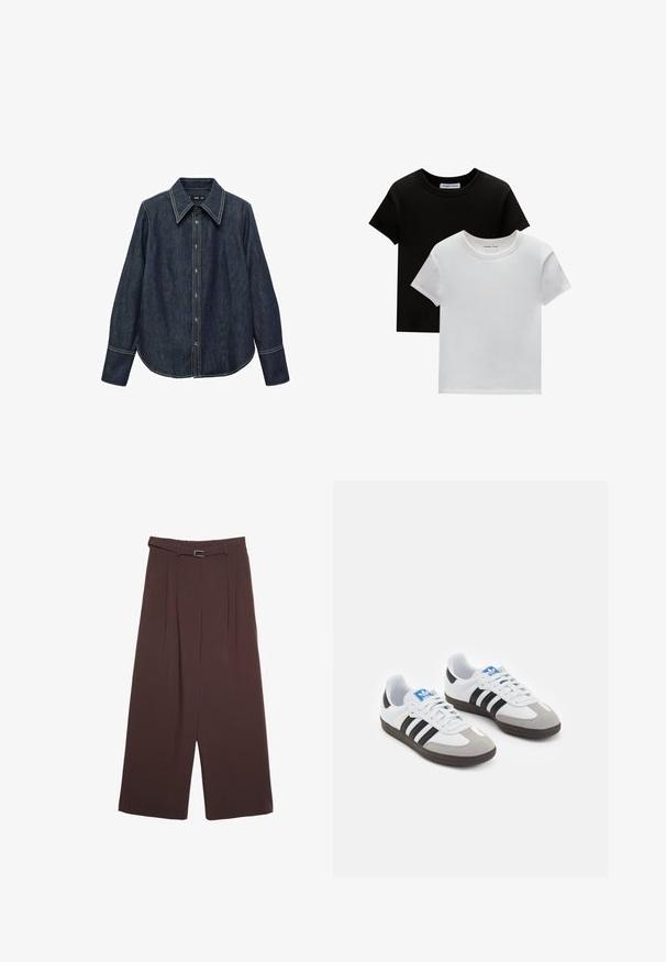 Dunkelblaue Hemdjacke aus Denim mit spitzem Kragen, langen Ärmeln und sichtbaren weißen Nähten. Verfügt über einen abgerundeten Saum und einen klassischen Schnitt.; Zwei T-Shirts mit Rundhalsausschnitt in Schwarz und Weiß, aus Baumwolle. Sie haben kurze Ärmel und einfarbiges Design ohne Muster oder Akzente.; Stradivarius WIDE-LEG WITH BUCKLE DETAIL - Stoffhose - dark brown; Sportschuhe mit einem Obermaterial aus weißem Leder, grauer Wildleder-Zehenkappe und drei schwarzen Streifen. Sie verfügen über ein blaues Logo auf der Zunge und eine strukturierte Gummisohle.