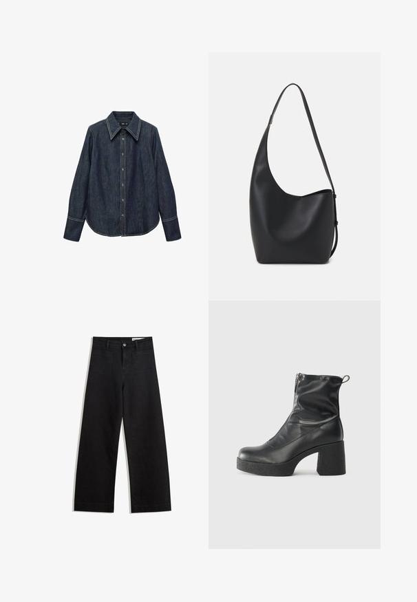 Tamno plavi traper košulja s dugim rukavima i oštrim kragnom, s vidljivim bijelim šavovima. Ima zaobljeni donji rub i klasičan kroj.; Crne široke traperice s visokim strukom, s prednjim i stražnjim džepovima, šivenim šavovima i kopčanjem na gumb. Glatka tekstura.; Crne gležnjače od glatke kože, s bočnim zatvaračem, debelim teksturiranim potplatom i dizajnom s zaobljenim prstima.; Crna kožna hobo torba s glatkom teksturom, zakrivljenim oblikom i jednom podesivom trakicom; ima širok otvor na vrhu.