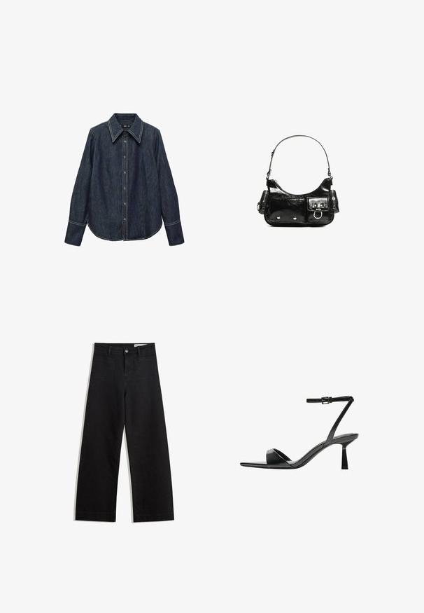 Donkerdenim button-up shirt met een puntige kraag, lange mouwen en zichtbare witte stiksels. Kenmerken zijn een gebogen zoom en een klassieke pasvorm.; Zwarte denim broek met wijde pijpen en een hoge taille, voorzien van voor- en achterzakken, gestikte naden en een knoopsluiting. Gladde textuur.; Bershka Sandalen met hoge hak - black; Zwarte laarzen in lakleer met een gebogen vorm, één schouderband, voorvakken en accenten in zilverkleurig metaal.