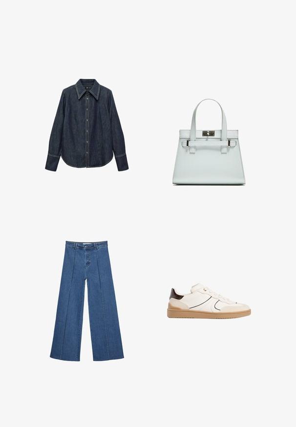 Mørk denim skjorte med knapper, spids krave, lange ærmer og synlig hvid stitching. Har en buet kant og klassisk pasform.; Bredde ben denim jeans i mellemblå, med høj talje, knaplukning og kontrasterende lodrette sømdetaljer foran.; Stradivarius Sneakers - white; Lyseblå håndtaske med struktureret design, to håndtag og spænde i sølvfarvet metal. Tekstureret materiale og skarpe hjørner.