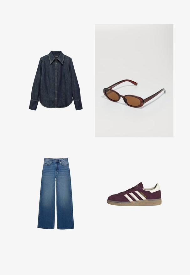 Cămașă din denim închis, cu nasturi, guler ascuțit, mâneci lungi și cusături albe vizibile. Prezintă un tiv curbat și o croială clasică.; Blugi evazati, de culoare albastră, fabricați din denim, cu talie înaltă, detalii cusute și un design simplu cu un ușor efect de decolorare.; Adidași din suede bordeaux cu trei dungi albe și accente bej. Prezintă o talpă din cauciuc texturată și un branding de aur pe lateral.; Ochelari de soare rotunzi, cu nuanțe de brown și cu un cadru lucios de burgund. Brațe subțiri cu detalii subtile de branding. Design cu lentile plate.; Geantă din piele împletită, de culoare maro, cu o formă triangulară, lejeră. Are un mâner împletit și închidere cu fermoar pe partea superioară.; Ceas Casio cu quartz, cu un cadran dreptunghiular de culoare argintie, accente aurii și un brățară metalică bicoloră din argint și aur. Caracteristică de rezistență la apă.