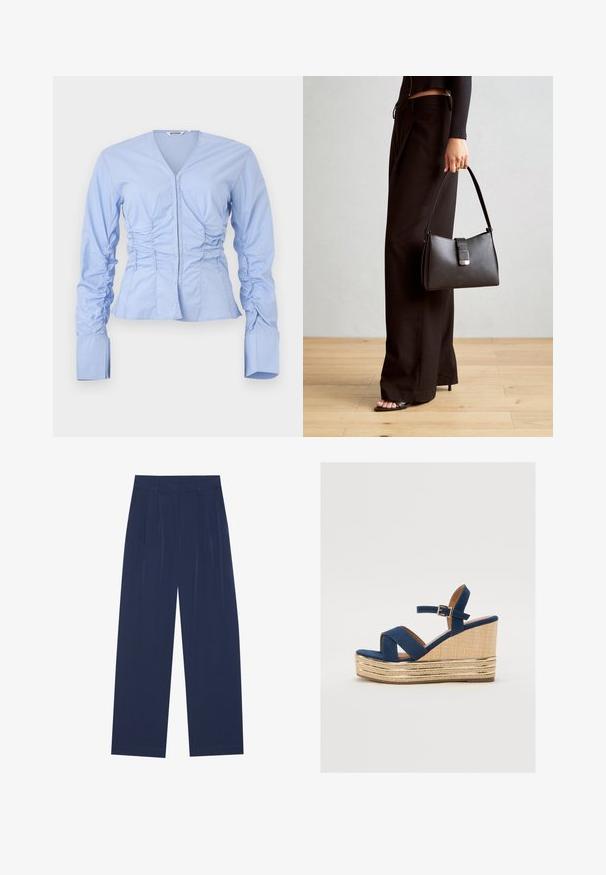 Ανοιχτό μπλε μπλούζα με μακρύ μανίκι, V-λαιμόκοψη, τσαλακωμένες πλευρές και εφαρμοστό μέση. Διαθέτει φαρδιές, δομημένες μανσέτες και μαλακό, ελαφρύ ύφασμα.; Ναυτικό μπλε παντελόνια με φαρδιά πόδια από μαλακό ύφασμα, με εμπρόσθιες πτυχώσεις, λεία υφή και ίσια εφαρμογή χωρίς ορατές τσέπες.; Ναυτικό μπλε πλατφόρμα με διασταυρωμένες λωρίδες, σαγρέ πλατφόρμα από φυσικές ίνες και χρυσό μεταλλικό στοιχείο στη βάση.; Μαύρη τσάντα χειρός με δομημένο σχήμα, λεία υφή και μεταλλικό κούμπωμα. Συνδυασμένη με φαρδιά μαύρα παντελόνια και σανδάλια ανοιχτής μύτης πάνω σε ξύλινο πάτωμα.