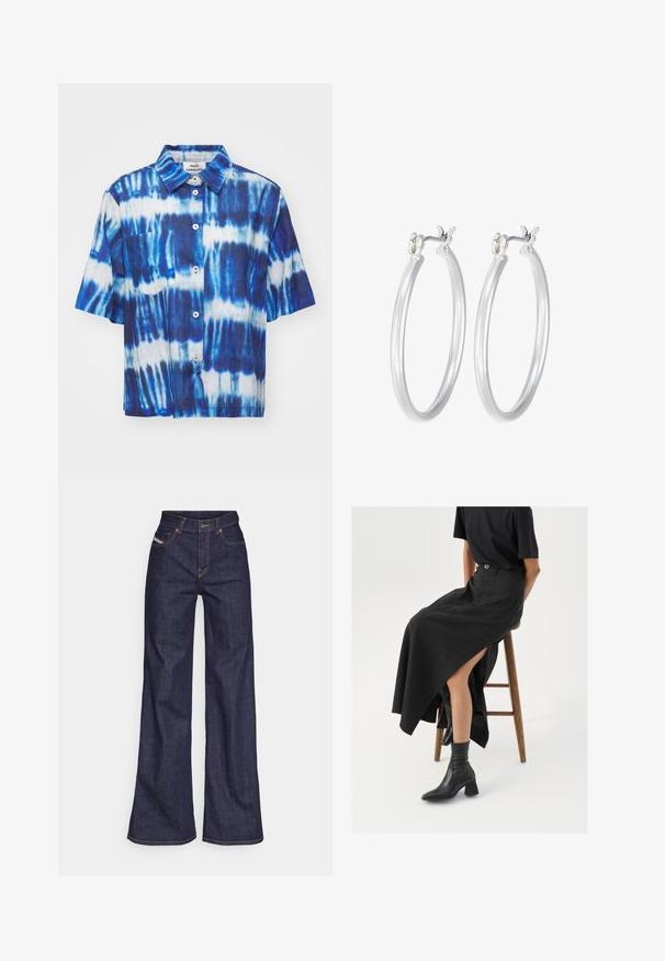 Mads Nørgaard COLIN LORELLA - Button-down blouse - merthyl blue; Dark blue wide-leg jeans in denim fabric with a high waist, featuring orange stitching, five-pocket design, and a button closure.; Black linen maxi skirt with a high slit, worn with a black t-shirt and black ankle boots. Minimalistic design with a relaxed fit.; Silver hoop earrings with a smooth, polished finish. Round shape and secure click-top closure. Lightweight design suitable for everyday wear.