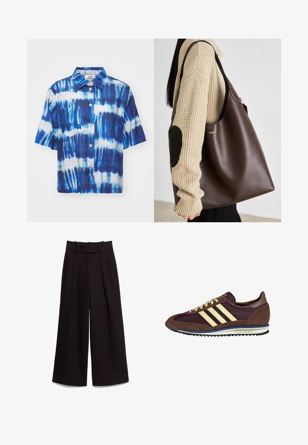 Mads Nørgaard COLIN LORELLA - Button-down blouse - merthyl blue; Black wide-leg trousers made of smooth fabric, featuring a high waist, belt loops, and two front pockets. Pleated design adds texture.; Brown and burgundy sneaker with suede and mesh materials, featuring three cream stripes, textured fabric on the tongue, and a rubber sole.; Brown leather tote bag with a spacious design. Features a smooth texture and a subtle gold logo. Paired with a cream knit sweater.