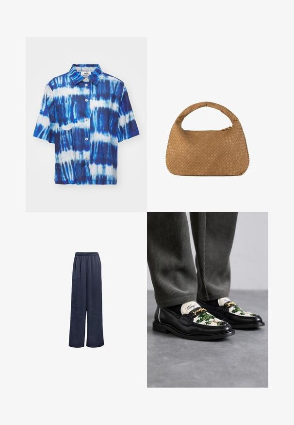 Mads Nørgaard COLIN LORELLA - Paitapusero - merthyl blue; Tummansinisen leveälahkeiset housut, jotka on valmistettu sileästä kankaasta. Niissä on joustava vyötärö ilman näkyviä kiinnikkeitä. Malleissa on rento istuvuus ja pitkä design.; Mustat nahkaloafermit, joissa on koristeellinen vihreä ja valkoinen tekstiiliyläosa. Varustettu kultaketjuakselilla ja rakenteellisella mustalla pohjalla.; Kangaskuvioinen vaalea käsilaukku, jossa on pyöreä kahva, valmistettu pehmeästä nahasta. Varustettu vetoketjulla ja monimutkaisella koriruudukkokuvioinnilla.