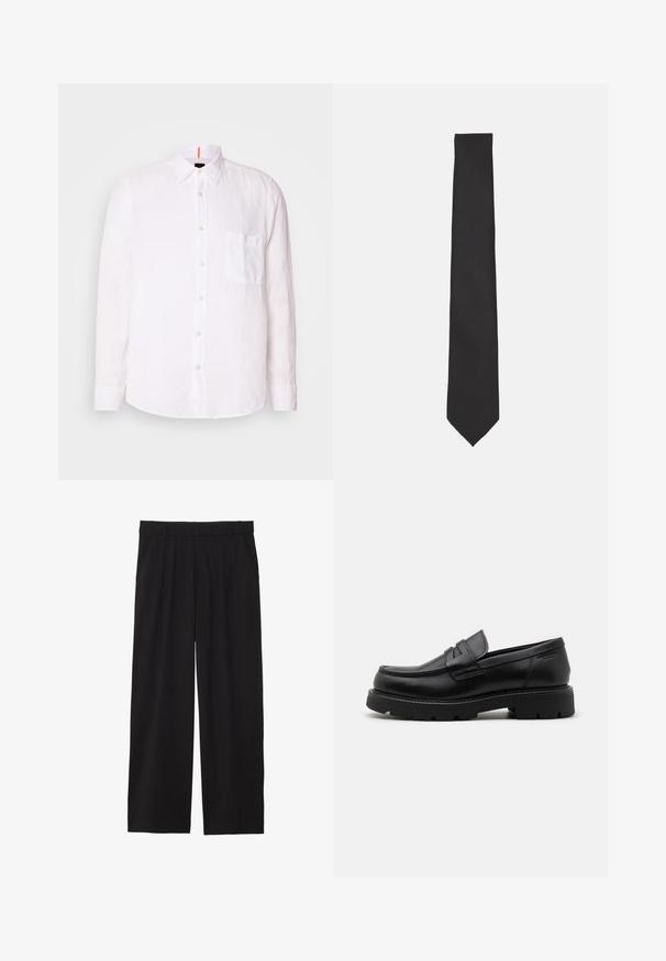 Balta lininė marškiniai su kišene priekyje, smailiu apykakle ir ilgomis rankovėmis. Turi subtilią tekstūrą, siaurą siluetą ir tiesų apatinį kraštą.; Juodos platėjančios kelnės su pločiu priekiniu raukiniu, šoninėmis kišenėmis ir lygiu audiniu. Sukurtos patogiam prigludimui.; Juodi odiniai loaferiai su apvaliu priekiniu galiuku, tekstūruotais akcentais priekyje ir masyviu guminėmis padais su grioveliais geresniam sukibimui.; Juodas kaklaraištis, pagamintas iš sklandžios medžiagos, turintis ploną, pailgą formą su išsikišusia viršūne ir be matomų raštų ar akcentų.