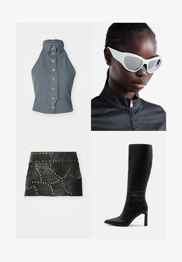 Pilkas be rankovių poveikio viršus su aukštu apykakle ir mygtukais priekyje, pasižymintis struktūruotu dizainu ir lygaus audinio tekstūra.; Juoda odinė sijonas su dekoratyviniais sidabriniais kalnų akmenimis ir išlenktu siuvimu. Yra prigludusi talija ir užtrauktukas, kuris yra viršubūvio vidurio.; Even&Odd Batai - black; Baltos saulės akiniai su ryškiu, dideliu dizainu ir veidrodiniais lęšiais, turintys lygius plastiko rėmus ir išryškintas kreives.