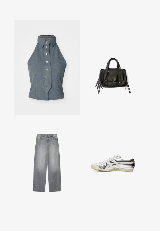 Gray sleeveless top with a high collar and buttons down the front, featuring a structured design and smooth fabric texture.; Wide-leg gray denim jeans with a slightly faded finish, featuring five pockets, a front button closure, and belt loops.; Silver metallic sneaker with white accents and laces. Features a textured surface, rounded toe, and a rubber sole with a pattern for grip.; Black leather handbag with braided handles, zipper pocket, and hanging tassels. Textured surface with metal studs and hardware accents.