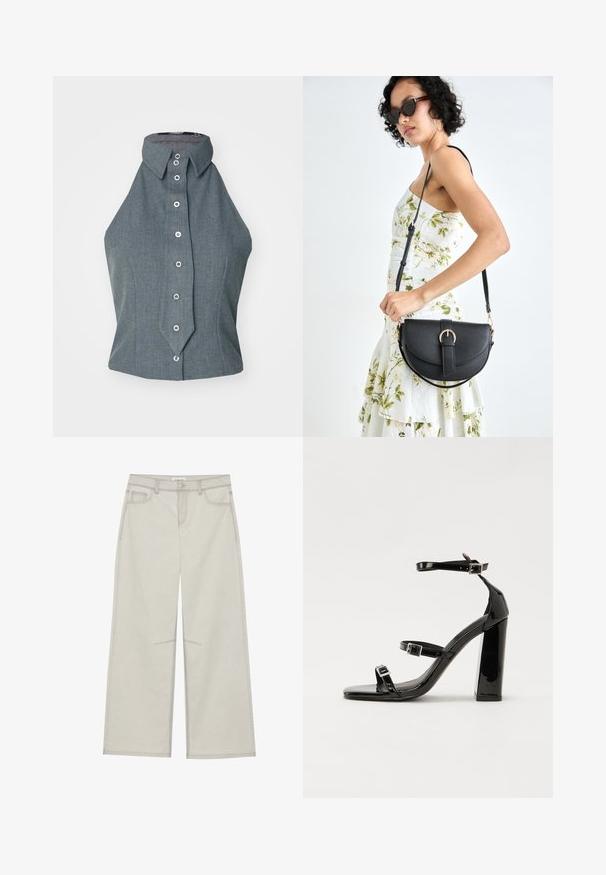 Pelēks bez piedurknēm tops ar augstu apkakli un pogām pa priekšu, ar strukturētu dizainu un gludu auduma tekstūru.; Gaiši pelēkas platās bikses ar piecām kabatām, priekšējo pogu aizdari un kontrastējošiem šuvju ieliktņiem. Audums izskatās mīksts un izturīgs.; Melnas lakotas augstpapēžu čības ar kvadrāta purngalu, potīšu siksniņām un sudraba sprādzēm. Aprīkotas ar masīvu bloku papēdi stabilitātei.; Melnas ādas rokassoma ar izliekta formu, noņemamu siksnu un zelta aksesuāriem. Somai ir vāciņš ar sprādzes detaļu.