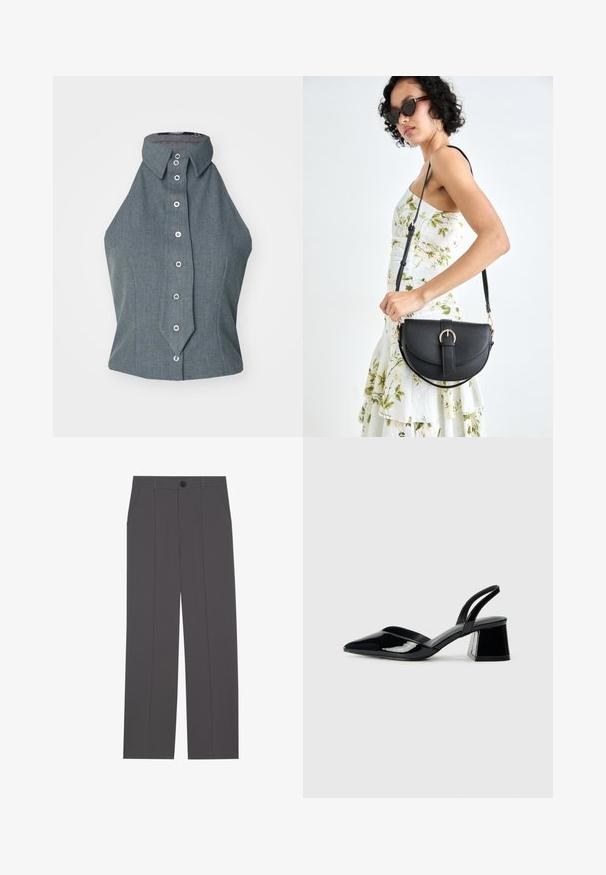 Szürke ujjatlan felső magas gallérral és elöl gombokkal, strukturált kialakítással és sima szövettextúrával.; Szürke nadrág egyenes lábformával, két oldalsó zsebbe és gombos záródással. Simább anyag, látható minták vagy díszítés nélkül.; Fekete lakk bőr szandálkés magas sarkú cipő, hegyes orral és geometrikus tömbsarkakkal. Karcsú, minimalista dizájn és sima textúra jellemzi.; Fekete bőrtáska ívelt formával, levehető pánttal és arany színű fémrészekkel. A táskán egy csattal díszített fedél található.