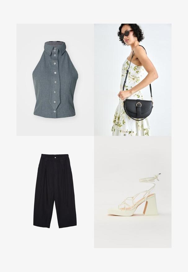 Grå ärmlös topp med hög krage och knappar längs fram, med en strukturerad design och mjuk tygtextur.; Svarta polyester culottbyxor med elastisk midja, två framfickor och en lös silhuett. Inga synliga mönster eller hårdvarudetaljer.; Vit högklackad sandal med en kraftig klack, med ett remdesign och ankelband. Slät textur med en plattform framtill för ökad höjd.; Svart läderhandväska med en böjd form, avtagbar rem och guldiga detaljer. Väskan har ett lock med en spänndetalj.