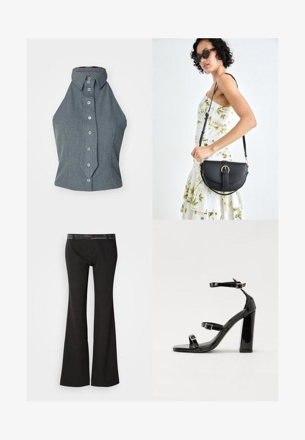 Grå ærmeløs top med høj krave og knapper ned foran, der har et struktureret design og en glat stoftekstur.; Sorte flagrende bukser med en tekstureret linning med metalnitter. Stoffet har en subtil glans og en glat overflade.; Sorte patenterede hælsandaler med firkantet tå, ankelremme og sølvspænder. Har en chunky blokHæl for stabilitet.; Sort læderhåndtaske med en buet form, aftagelig rem og guldfinish. Tasken har en klap med en spænde detalje.