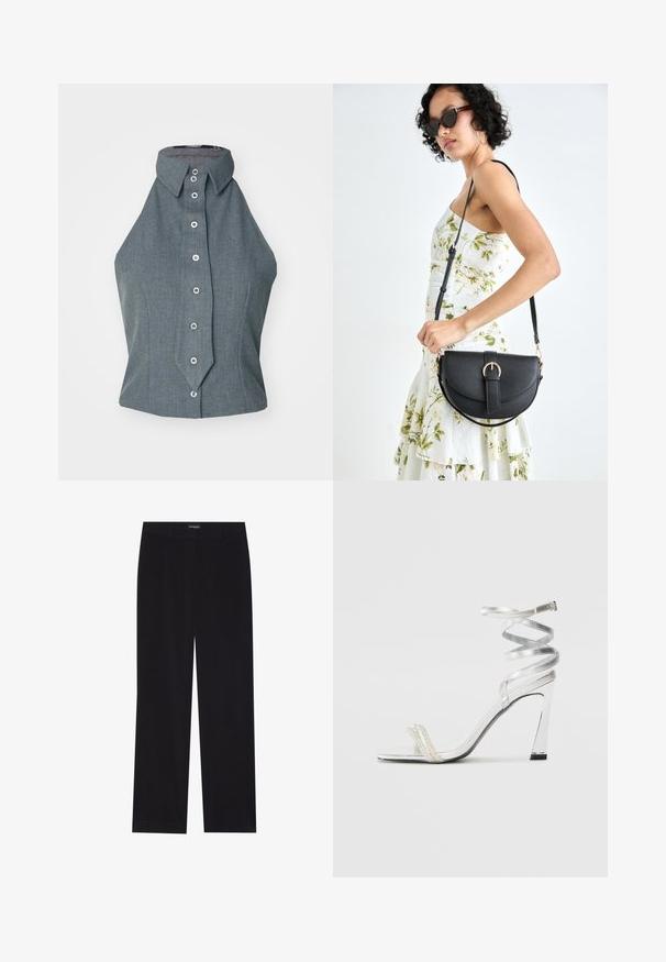 Hallitus halli ilmaõlgadega topp kõrge kaelusega ja nööpidega ees, omades struktureeritud disaini ja silutud kangast tekstuuri.; Mustad sametpüksid sirge lõikega, lame vöökoht, ilma nähtavate taskuteta, sile tekstuur ja vertikaalne soonikute detail.; Hõbedased kõrge kontsaga sandaalid läikiva rihma disainiga, millel on pärlilaadne aktsent ja keerduv pahkluu rihm turvaliseks sobivuseks.; Mustmust mustraha kõverate joontega, eemaldatava rihmaga ja kuldsete detailidega. Kotil on klapp, millel on pandladetail.