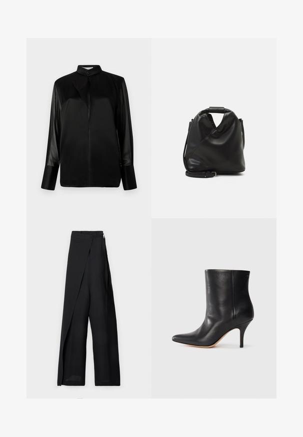 Mustmust särk püstise kraega, pikad läbipaistvad varrukad, kaela juures lipsu detail, valmistatud siledast satiinist, ees nuppe sulgemiseks.; Mustad laiad püksid, millel on keeratud disain, sile tekstuur, kõrge vöökoht ja külje lipsu detail. Valmistatud kerge kangaga.; Must musta jalatsid terava ninaga, õhukese stiletto kontsaga ja siledast nahast. Minimalistlik disain ilma nähtava riistvarata või aksessuaarideta.; Must ja pehme nahast kott, millel on unikaalne keerdkujuline disain. Omab lühikest kätset ja eemaldatavat õlarihma. Minimalistlik stiil.