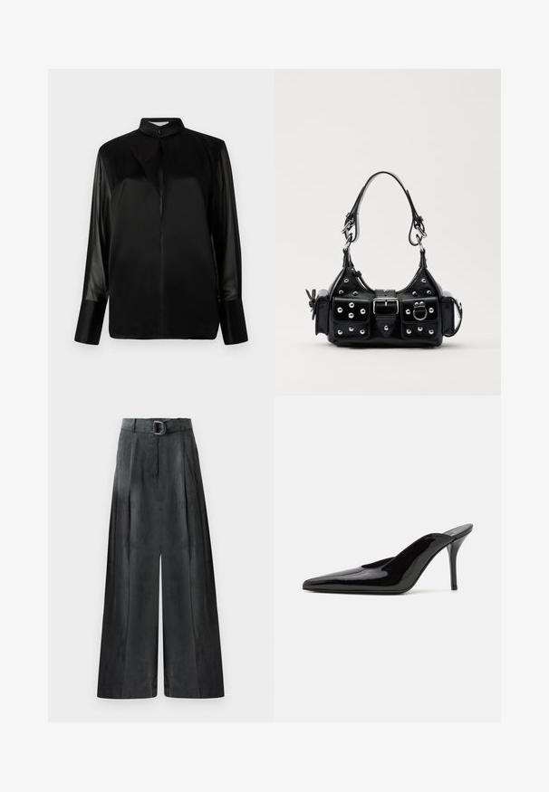 Black blouse with a stand-up collar, long sheer sleeves, bow tie detail at the neck, made of smooth satin fabric, front button closure.; Wide-leg trousers in dark gray, featuring a smooth texture, pleats, and a belt with a silver buckle at the high waist.; Black patent leather high-heeled mule with a pointed toe and a sleek silhouette, featuring an open back and a slender stiletto heel.; Black leather handbag with a curved design, featuring silver studs, a buckle, and two side pockets. Adjustable strap for carrying options.