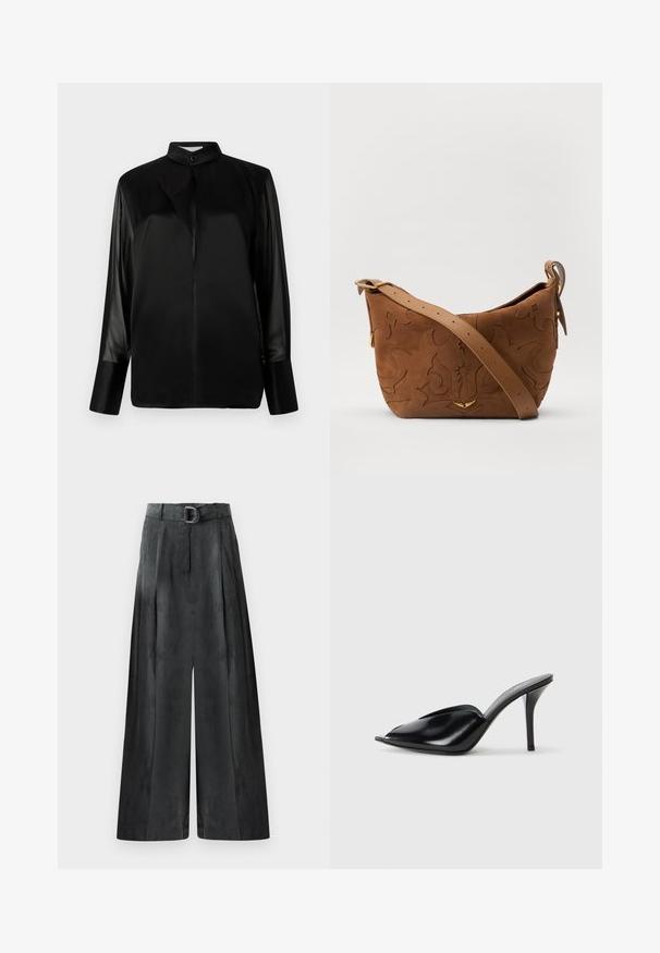 Black blouse with a stand-up collar, long sheer sleeves, bow tie detail at the neck, made of smooth satin fabric, front button closure.; Wide-leg trousers in dark gray, featuring a smooth texture, pleats, and a belt with a silver buckle at the high waist.; Black leather high-heeled mules with an open toe, pointed design, smooth texture, and a slim stiletto heel.; Brown suede shoulder bag with embossed floral design, complemented by a smooth brown leather strap and gold-tone hardware accent.